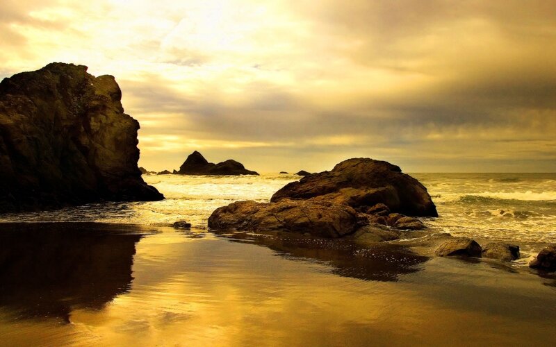 Rocky Beach at Sunset — Gold, Dramatic, Photograph, Rocks, Ocean, Sky