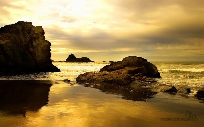 Rocky Beach at Sunset — Gold, Dramatic, Photograph, Rocks, Ocean