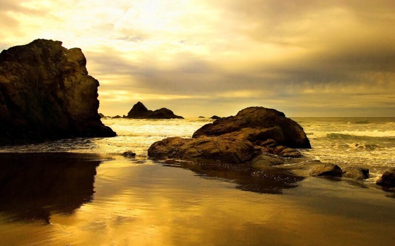 Rocky Beach at Sunset — Gold, Dramatic, Photograph, Rocks