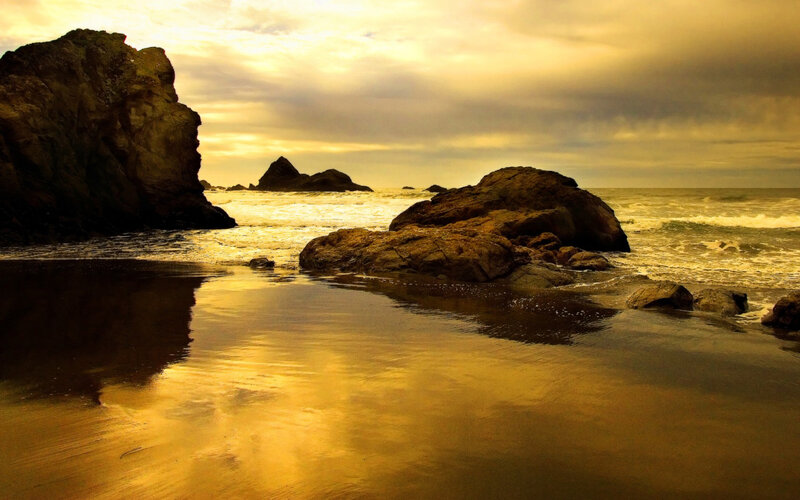 Rocky Beach at Sunset — Gold, Dramatic, Photograph