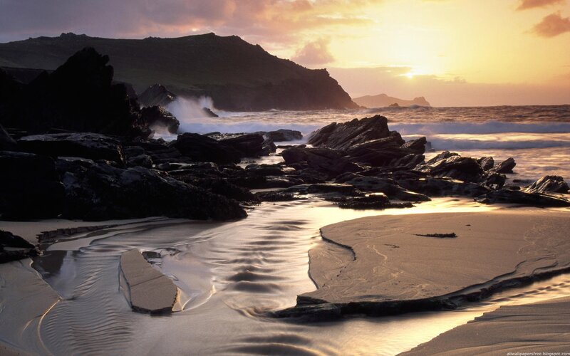Rocky Beach at Sunset — Gold, Serene, Photograph, Ocean, Waves, Mountain