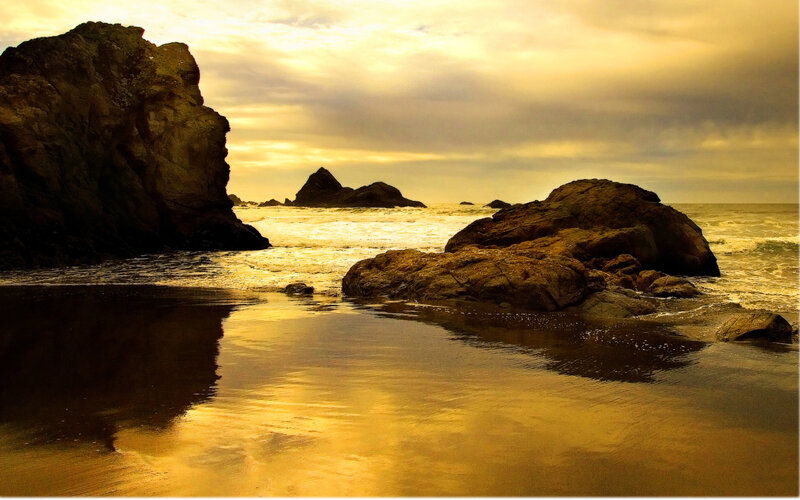 Rocky Beach at Sunset — Gold, Serene, Photograph, Rocks, Ocean, Sky