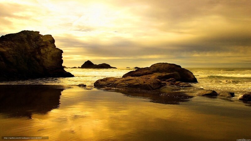 Rocky Beach at Sunset — Gold, Serene, Photograph