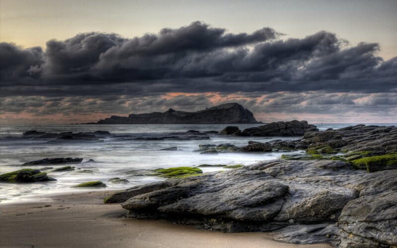Rocky Beach at Sunset — Gray, Dramatic, Photograph, Rocks, Sea
