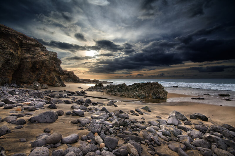 Rocky Beach at Sunset — Gray, Dramatic, Photograph, Rocks