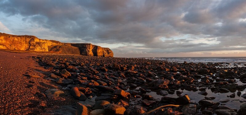 Rocky Beach at Sunset — Orange, Dramatic, Photograph, Cliffs, Ocean