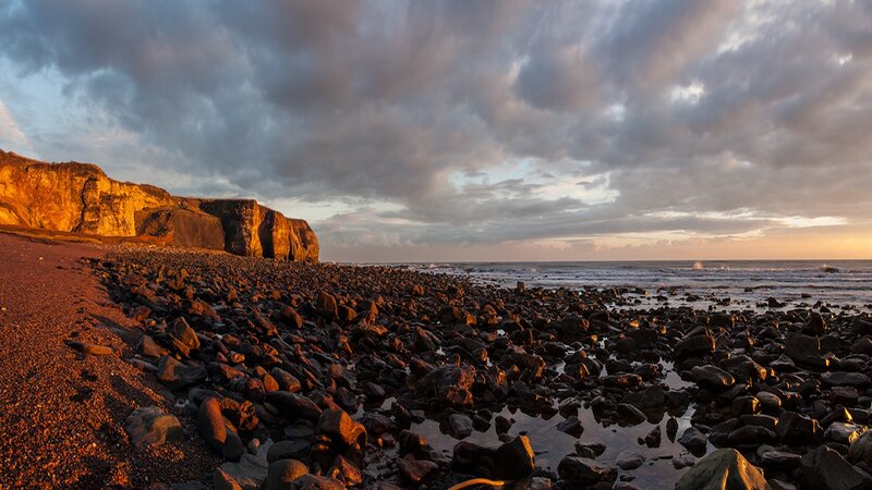 Rocky Beach at Sunset — Orange, Dramatic, Photograph, Cliffs