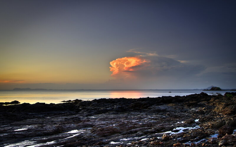 Rocky Beach at Sunset — Orange, Dramatic, Photograph, Cloud