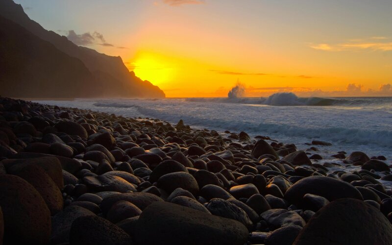 Rocky Beach at Sunset — Orange, Dramatic, Photograph, Mountain