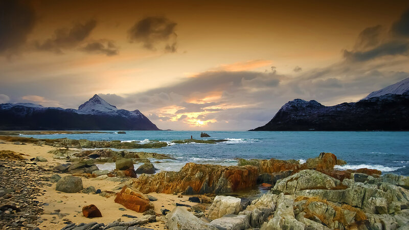 Rocky Beach at Sunset — Orange, Dramatic, Photograph, Mountains, Sea, Sky