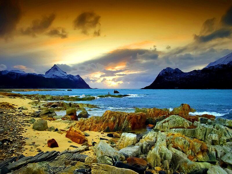 Rocky Beach at Sunset — Orange, Dramatic, Photograph, Mountains, Sea