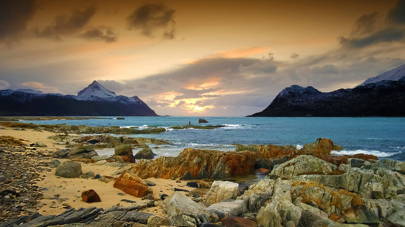 Rocky Beach at Sunset — Orange, Dramatic, Photograph, Mountains