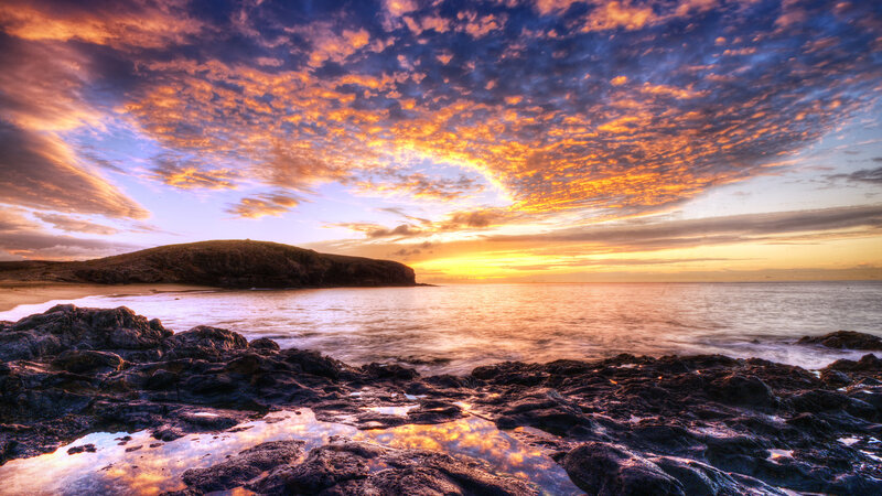 Rocky Beach at Sunset — Orange, Dramatic, Photograph, Ocean, Cliff