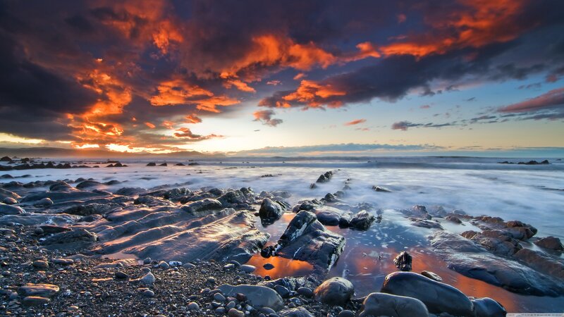 Rocky Beach at Sunset — Orange, Dramatic, Photograph, Ocean, Clouds, Rocks
