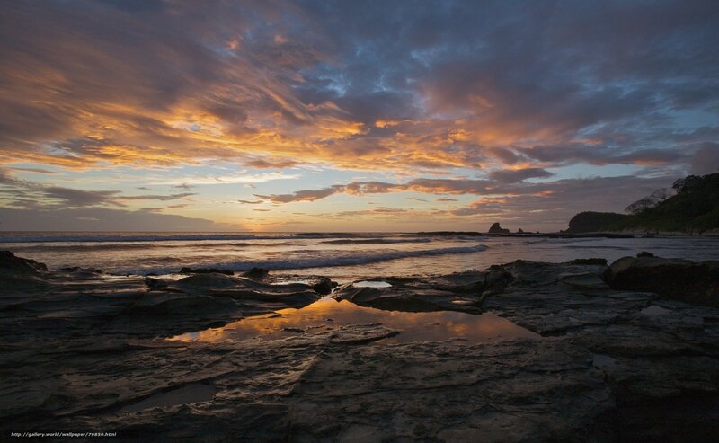 Rocky Beach at Sunset — Orange, Dramatic, Photograph, Ocean, Clouds