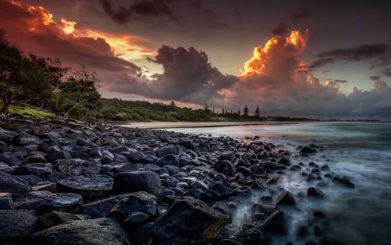 Rocky Beach at Sunset — Orange, Dramatic, Photograph, Ocean, Clouds, Trees
