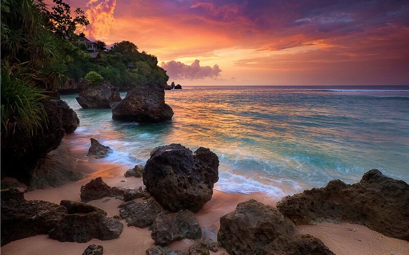 Rocky Beach at Sunset — Orange, Dramatic, Photograph, Ocean, Rocks, Sky