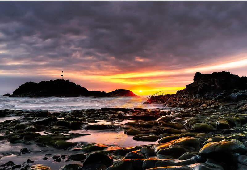 Rocky Beach at Sunset — Orange, Dramatic, Photograph, Ocean, Rocks