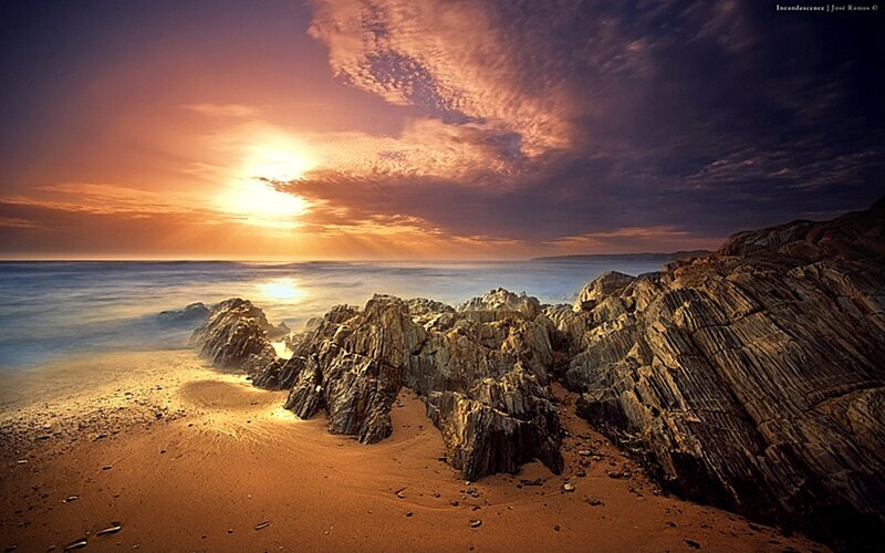 Rocky Beach at Sunset — Orange, Dramatic, Photograph, Ocean, Sand