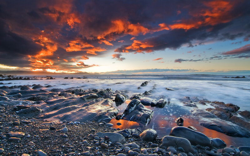 Rocky Beach at Sunset — Orange, Dramatic, Photograph, Ocean