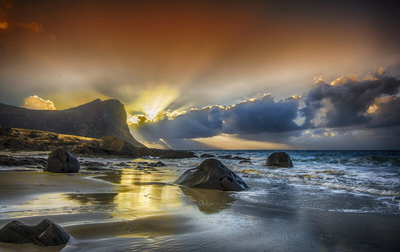 Rocky Beach at Sunset — Orange, Dramatic, Photograph, Rocks, Ocean, Clouds, Mountain