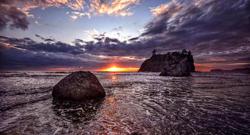 Rocky Beach at Sunset — Orange, Dramatic, Photograph, Rocks, Ocean, Clouds