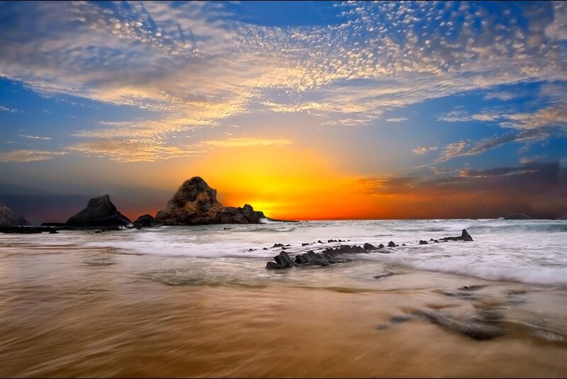 Rocky Beach at Sunset — Orange, Dramatic, Photograph, Rocks, Ocean, Sky, Blue, Brown