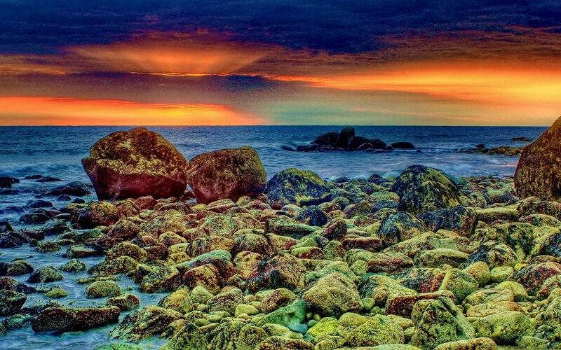 Rocky Beach at Sunset — Orange, Dramatic, Photograph, Rocks, Ocean, Sky, Blue