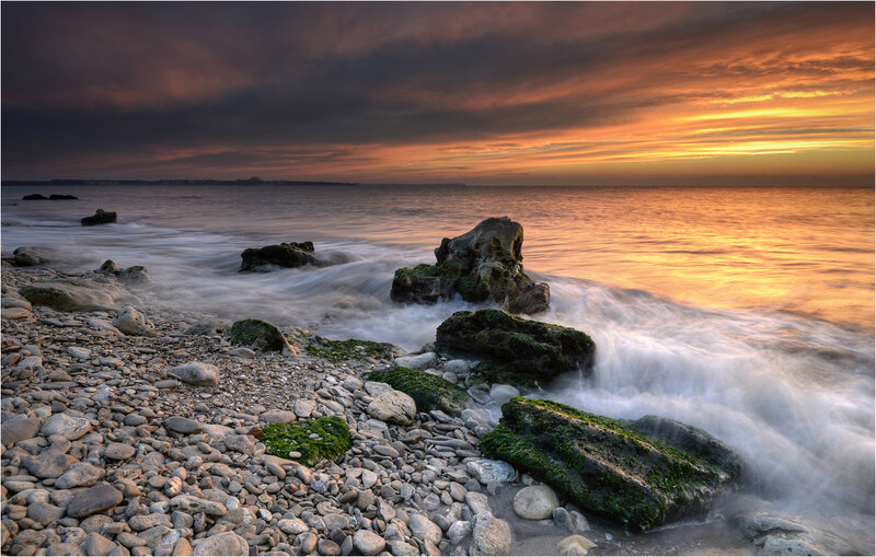 Rocky Beach at Sunset — Orange, Dramatic, Photograph, Rocks, Ocean, Sky, Moss