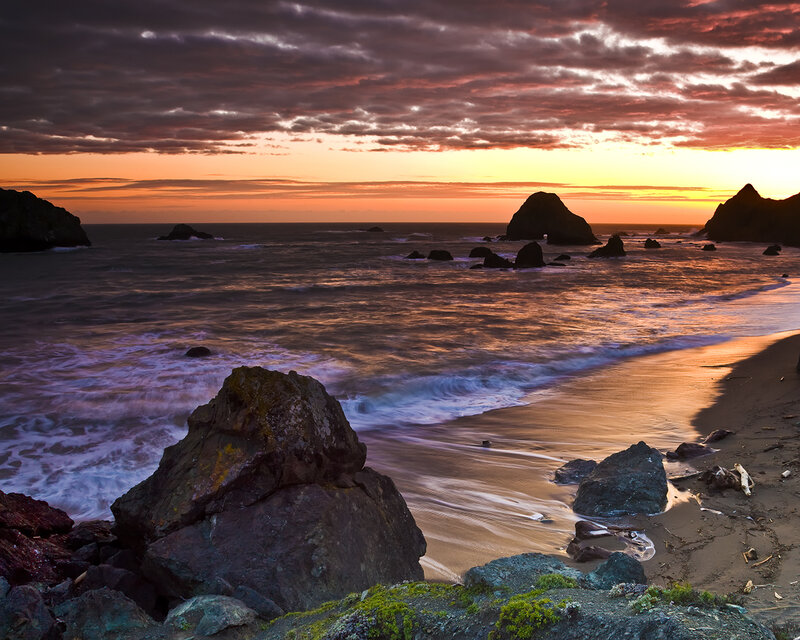 Rocky Beach at Sunset — Orange, Dramatic, Photograph, Rocks, Ocean, Sky, Sand
