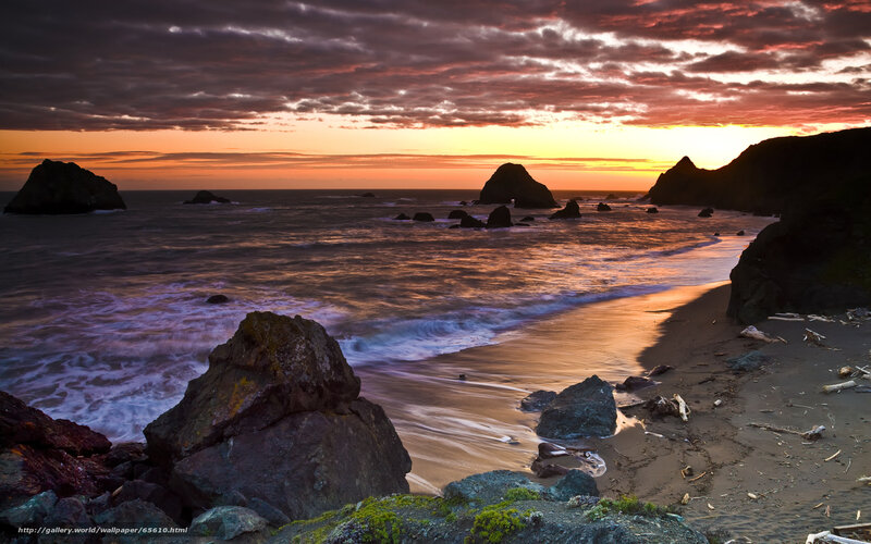 Rocky Beach at Sunset — Orange, Dramatic, Photograph, Rocks, Ocean, Sky