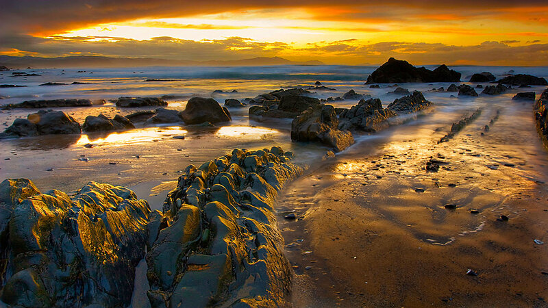 Rocky Beach at Sunset — Orange, Dramatic, Photograph, Rocks, Ocean, Sky, Yellow
