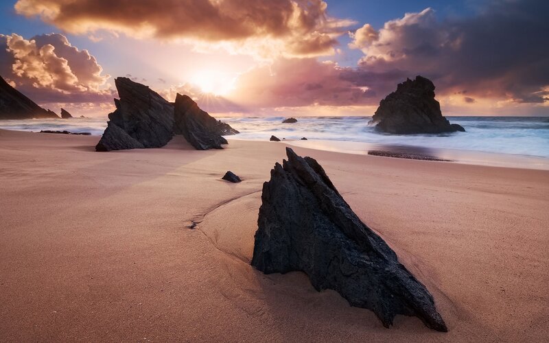 Rocky Beach at Sunset — Orange, Dramatic, Photograph, Rocks, Sand