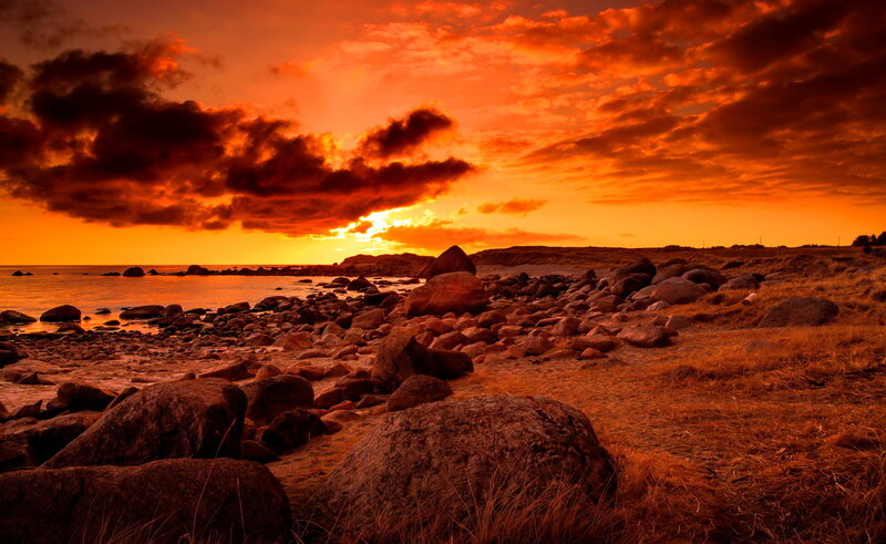 Rocky Beach at Sunset — Orange, Dramatic, Photograph, Rocks, Sea, Sky