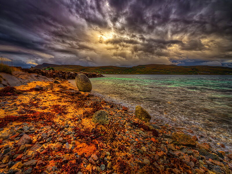 Rocky Beach at Sunset — Orange, Dramatic, Photograph, Rocks, Sea