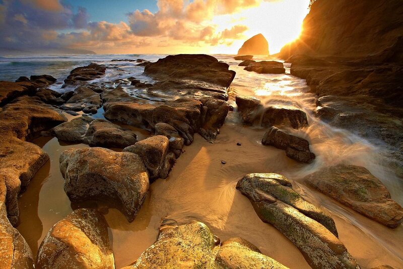 Rocky Beach at Sunset — Orange, Dramatic, Photograph, Rocks