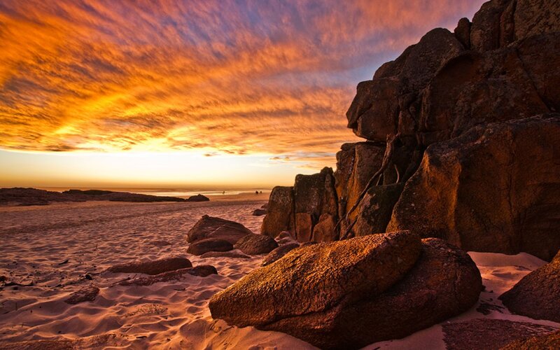 Rocky Beach at Sunset — Orange, Dramatic, Photograph, Sand, Rocks