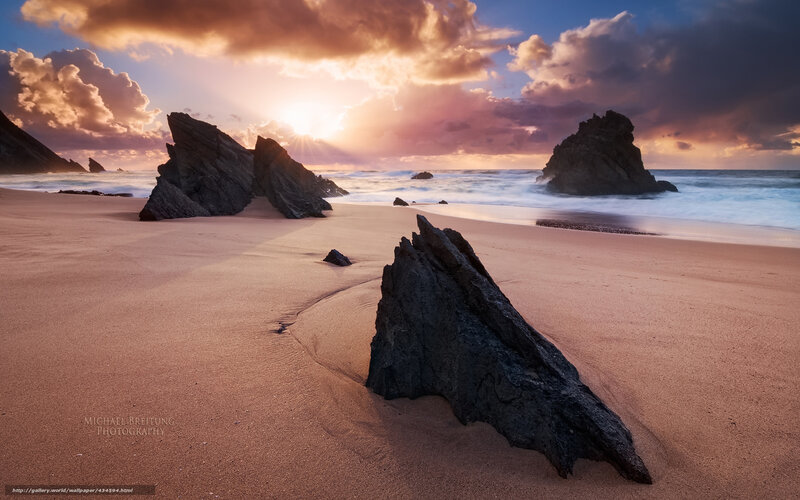 Rocky Beach at Sunset — Orange, Dramatic, Photograph, Sand