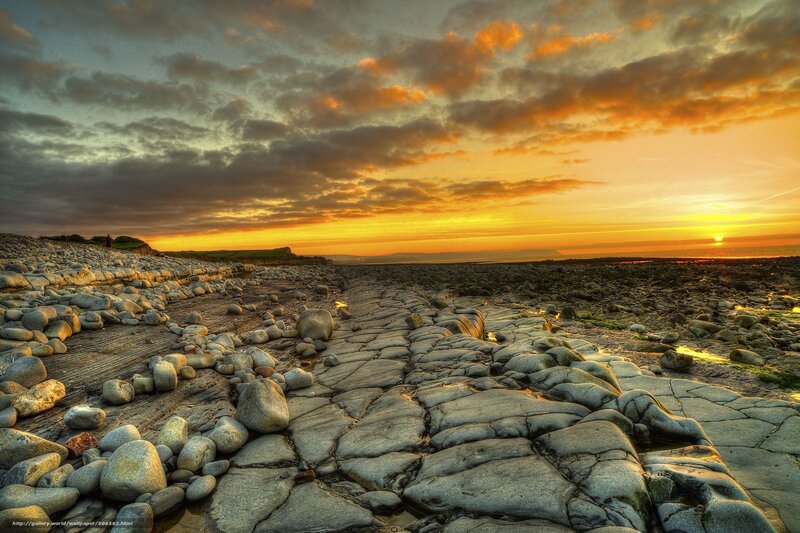 Rocky Beach at Sunset — Orange, Dramatic, Photograph, Sun, Clouds, Ocean, Rocks