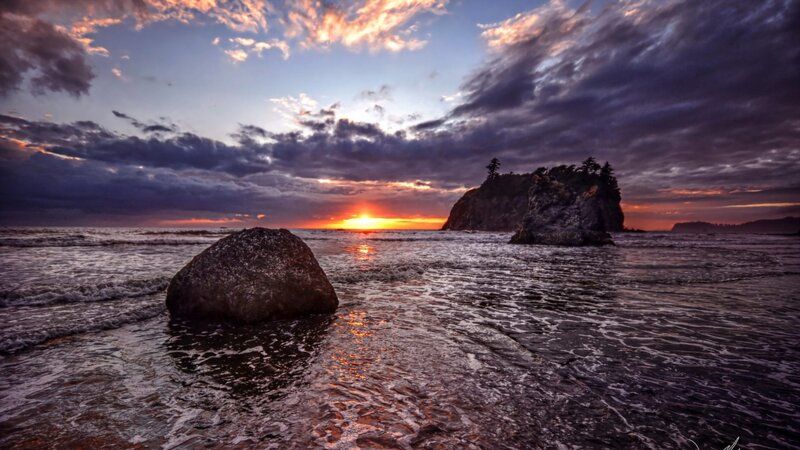 Rocky Beach at Sunset — Orange, Dramatic, Photograph, Sun, Clouds, Ocean