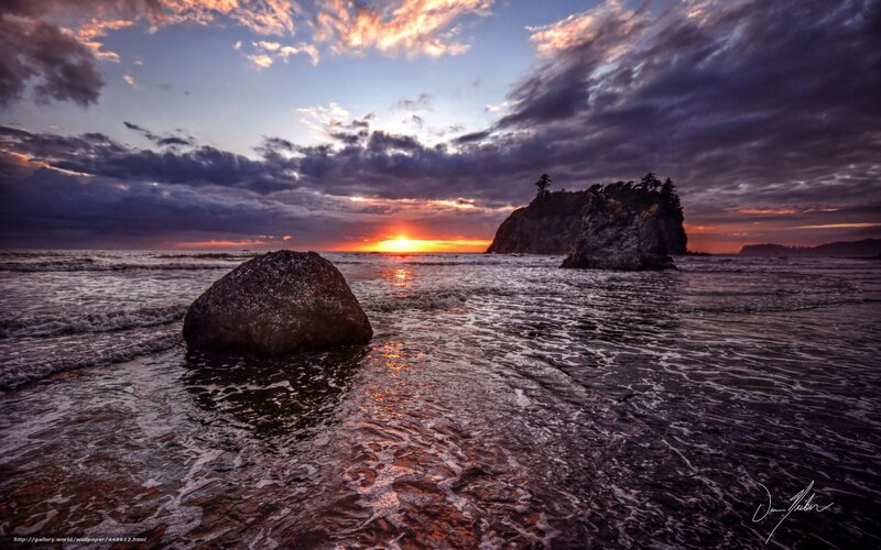 Rocky Beach at Sunset — Orange, Dramatic, Photograph, Sun, Clouds, Ocean, Trees