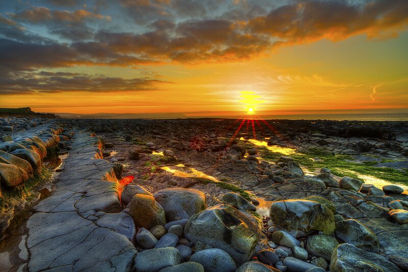 Rocky Beach at Sunset — Orange, Dramatic, Photograph, Sun, Clouds