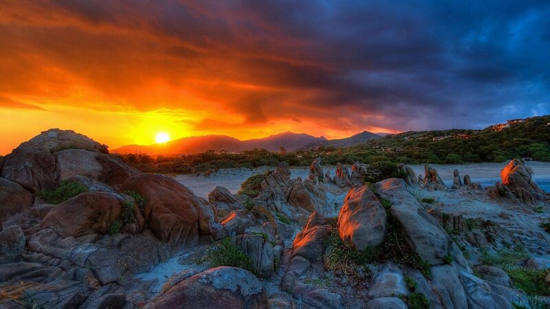Rocky Beach at Sunset — Orange, Dramatic, Photograph, Sun, Mountains