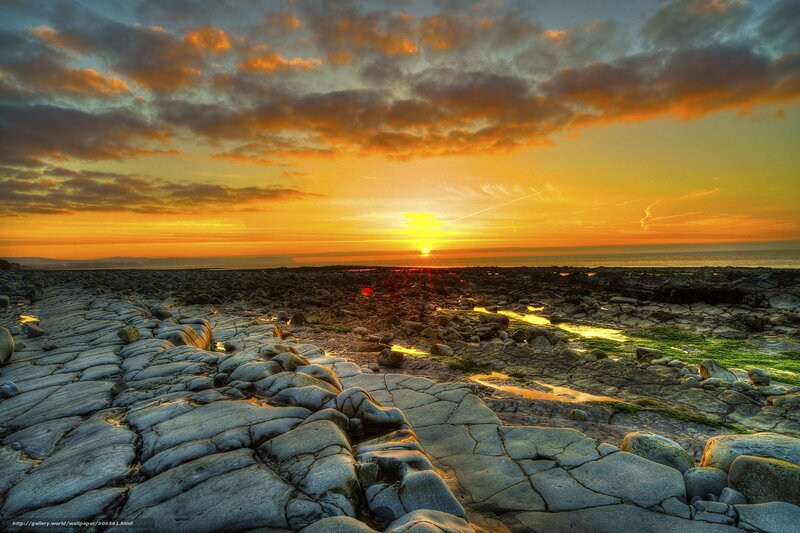 Rocky Beach at Sunset — Orange, Dramatic, Photograph, Sun, Ocean, Clouds
