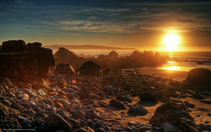 Rocky Beach at Sunset — Orange, Dramatic, Photograph, Sun, Ocean, Rocks