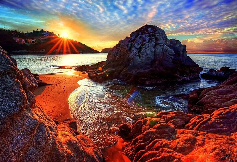 Rocky Beach at Sunset — Orange, Dramatic, Photograph, Sun, Ocean