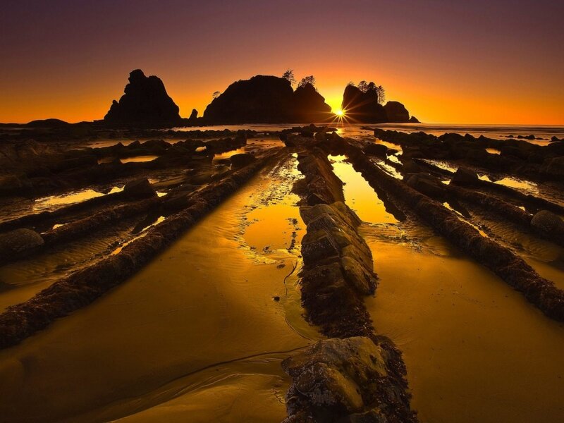 Rocky Beach at Sunset — Orange, Dramatic, Photograph, Sun, Rocks, Ocean