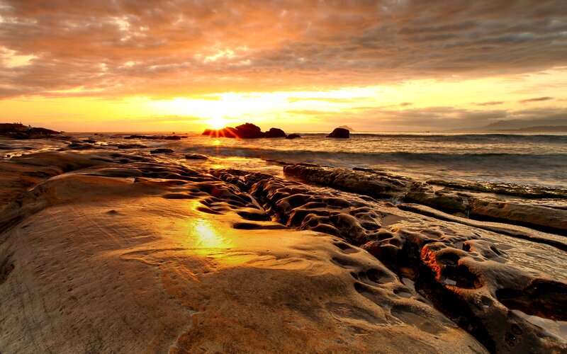 Rocky Beach at Sunset — Orange, Dramatic, Photograph, Sun