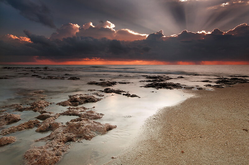 Rocky Beach at Sunset — Orange, Dramatic