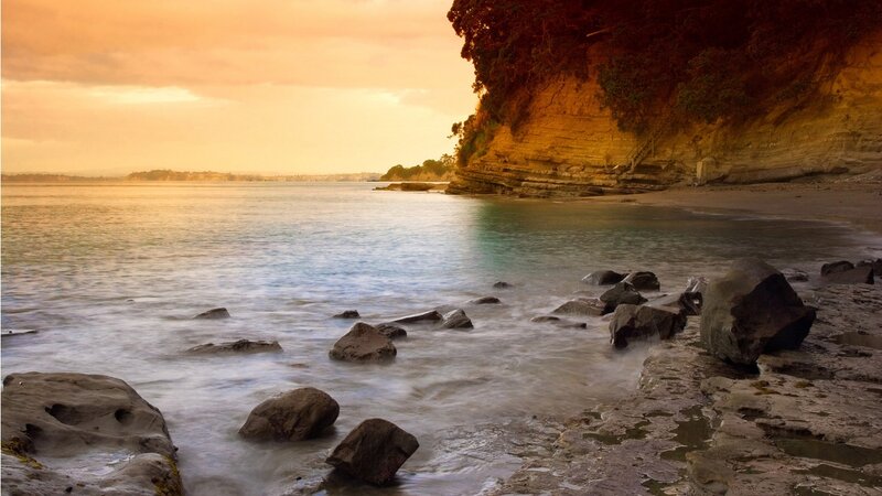 Rocky Beach at Sunset — Orange, Serene, Photograph, Cliff, Rocks, Sea